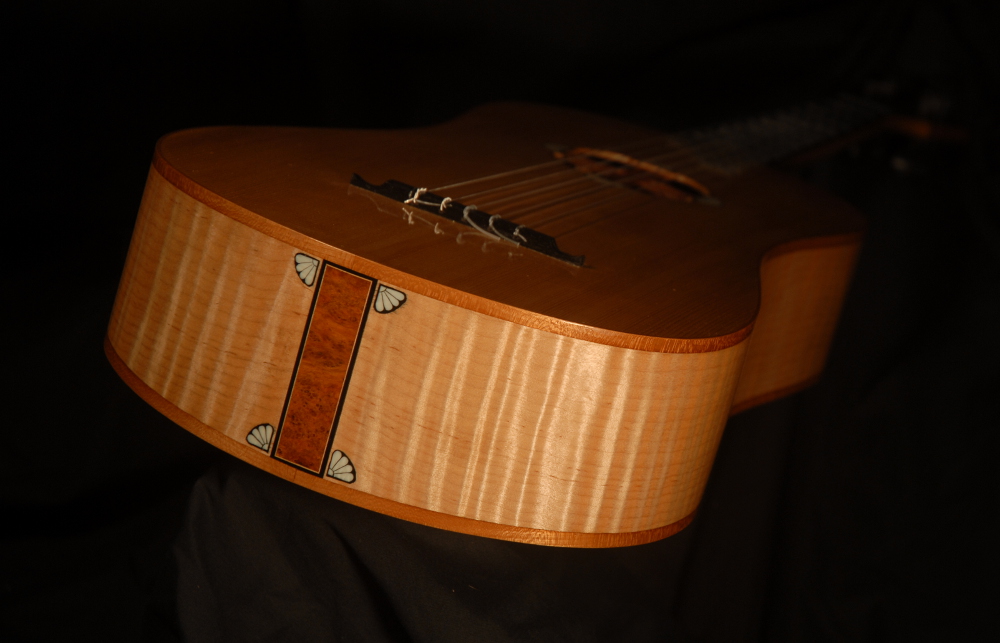 view of the tail of michael mccarten's 10 string baroque guitar model
