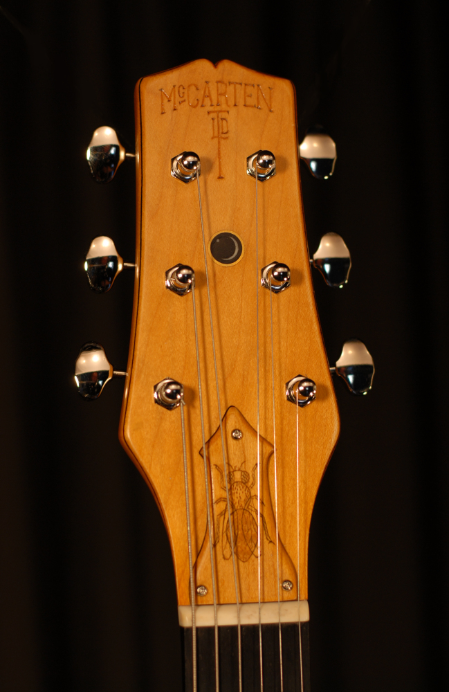 front view of the headstock of michael mccarten's Telemac single cutaway electric guitar model