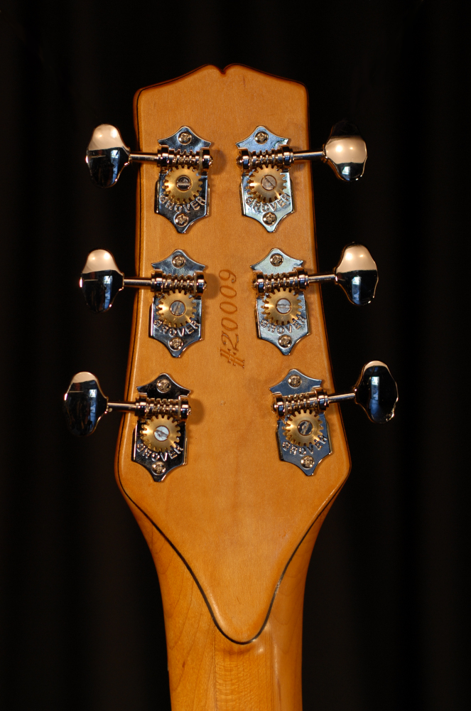 rear view of the headstock of michael mccarten's mccarten's Telemac special P single cutaway electric guitar model